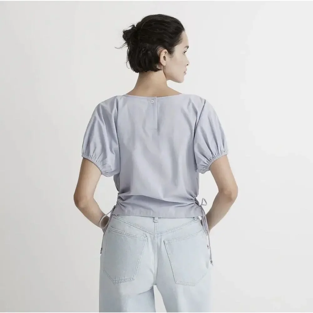 Madewell Embroidered Poplin Puff-Sleeve Cutout Crop Top Distant Peri XS NWT